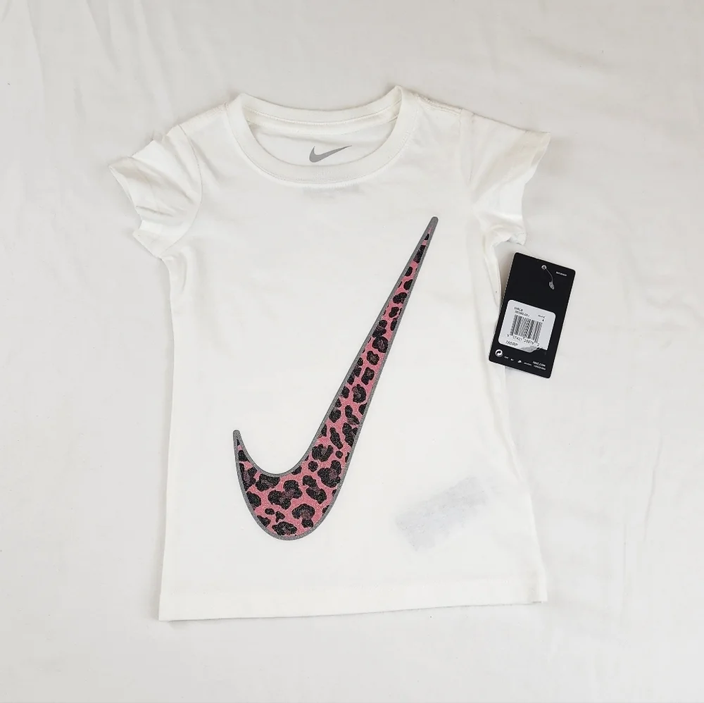 Nike White T-Shirt with Pink Leopard Swoosh
